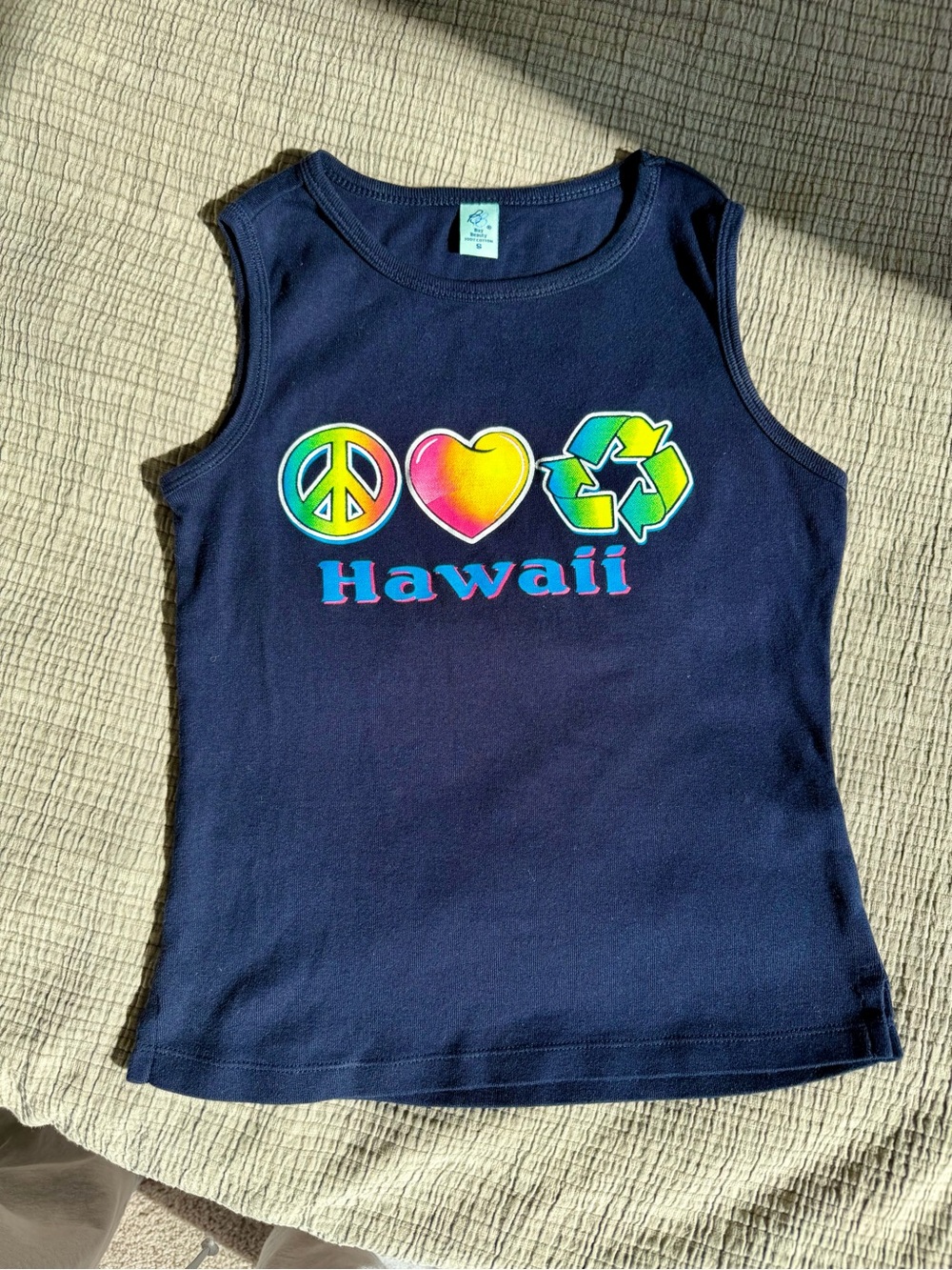 Bay Beauty Navy blue Hawaii tank top with rainbow peace sign and heart